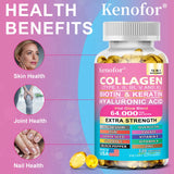 Bottle of Kenofor collagen supplement with health benefits on a colorful background
