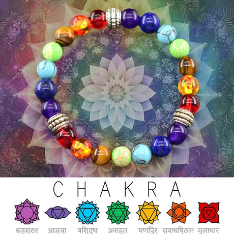 Colorful beaded bracelet with chakra symbols on a mandala background
