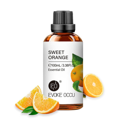 Sweet orange essential oil bottle with Evoke Occu branding on a white background