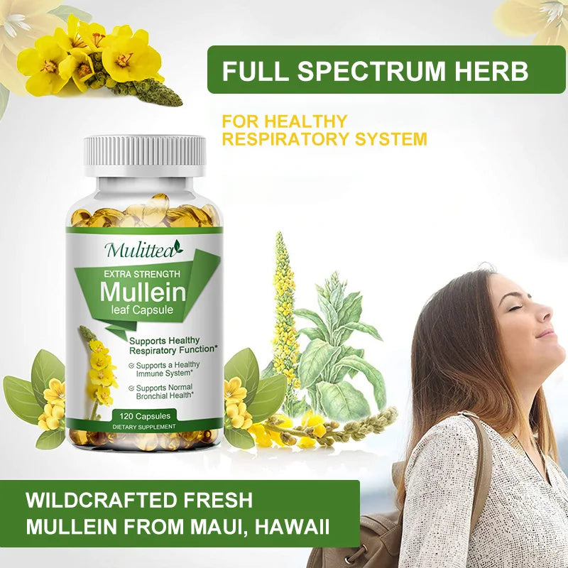 Bottle of Mullein leaf capsules with botanical illustrations and a woman relaxing, on a light gray background.