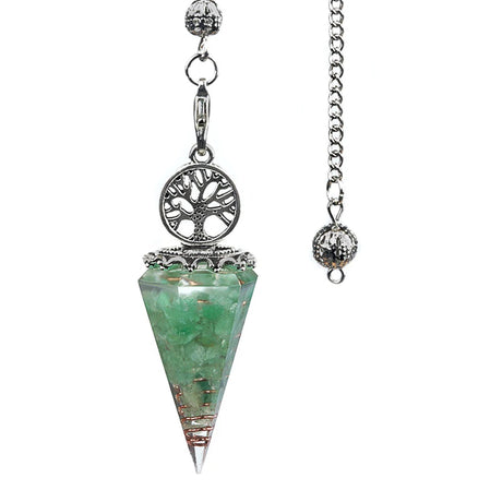 Green crystal pendulum with silver tree of life design on a white background