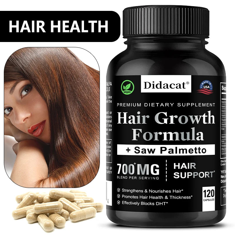 Didacat Hair Growth Formula supplement bottle with hair and pills on a white background