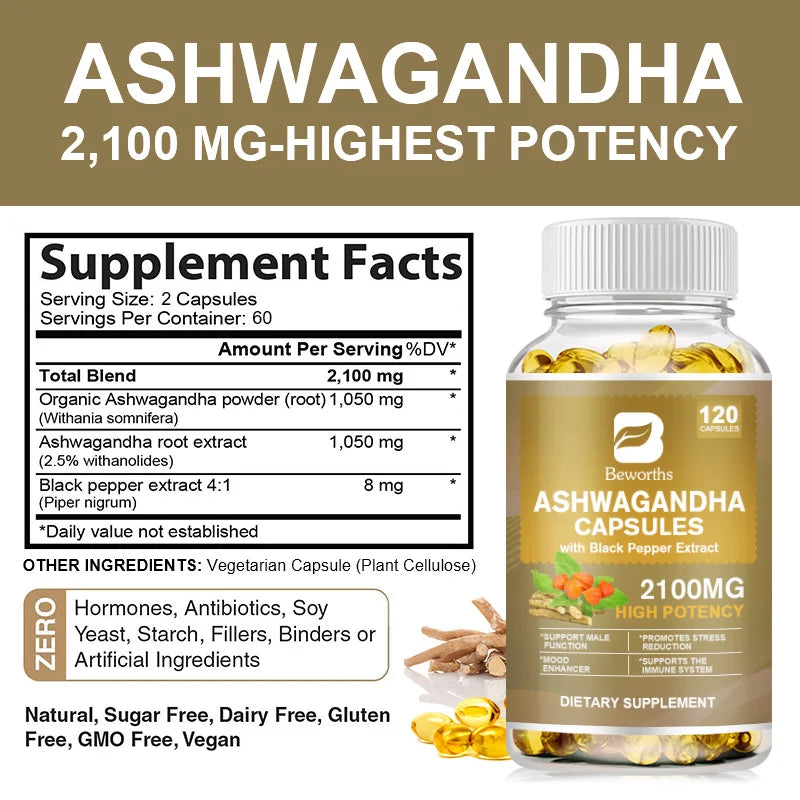 Bottle of Ashwagandha capsules with supplement facts on a beige background
