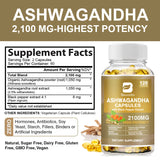 Bottle of Ashwagandha capsules with supplement facts on a beige background