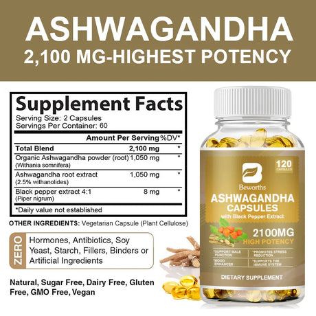 Bottle of Ashwagandha capsules with supplement facts on a beige background