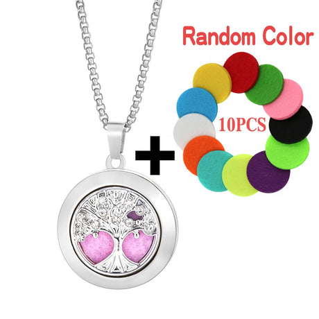 Silver necklace with tree of life pendant and colorful round charms on a white background