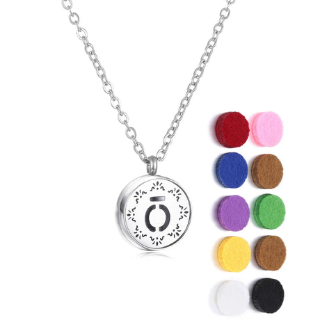 Necklace with a round pendant and colorful felt pads on a white background