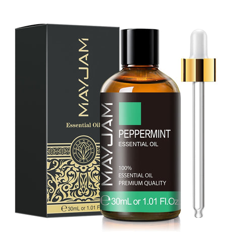 MayJam Peppermint essential oil bottle with dropper and packaging on a white background