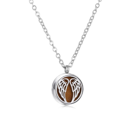 Necklace with a pendant featuring angel wings design on a white background