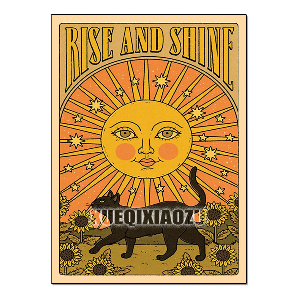 Vintage-style poster with a sun, black cat, and flowers, featuring the text 'Rise and Shine'.
