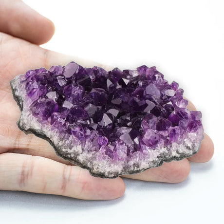 Amethyst crystal cluster held in a hand against a white background