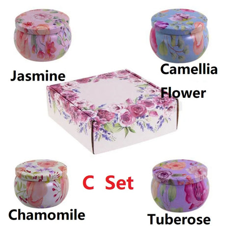 Set of floral containers labeled 'Jasmine', 'Camellia Flower', 'C Set', 'Chamomile', and 'Tuberose' on a white background.
