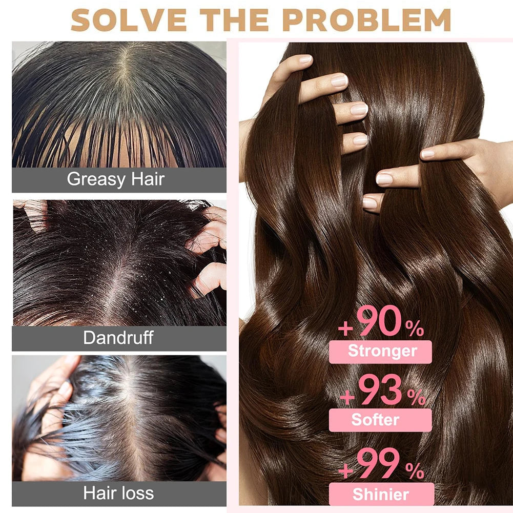 Hair care product solution for greasy hair, dandruff, and hair loss with text indicating strength, softness, and shininess improvements.