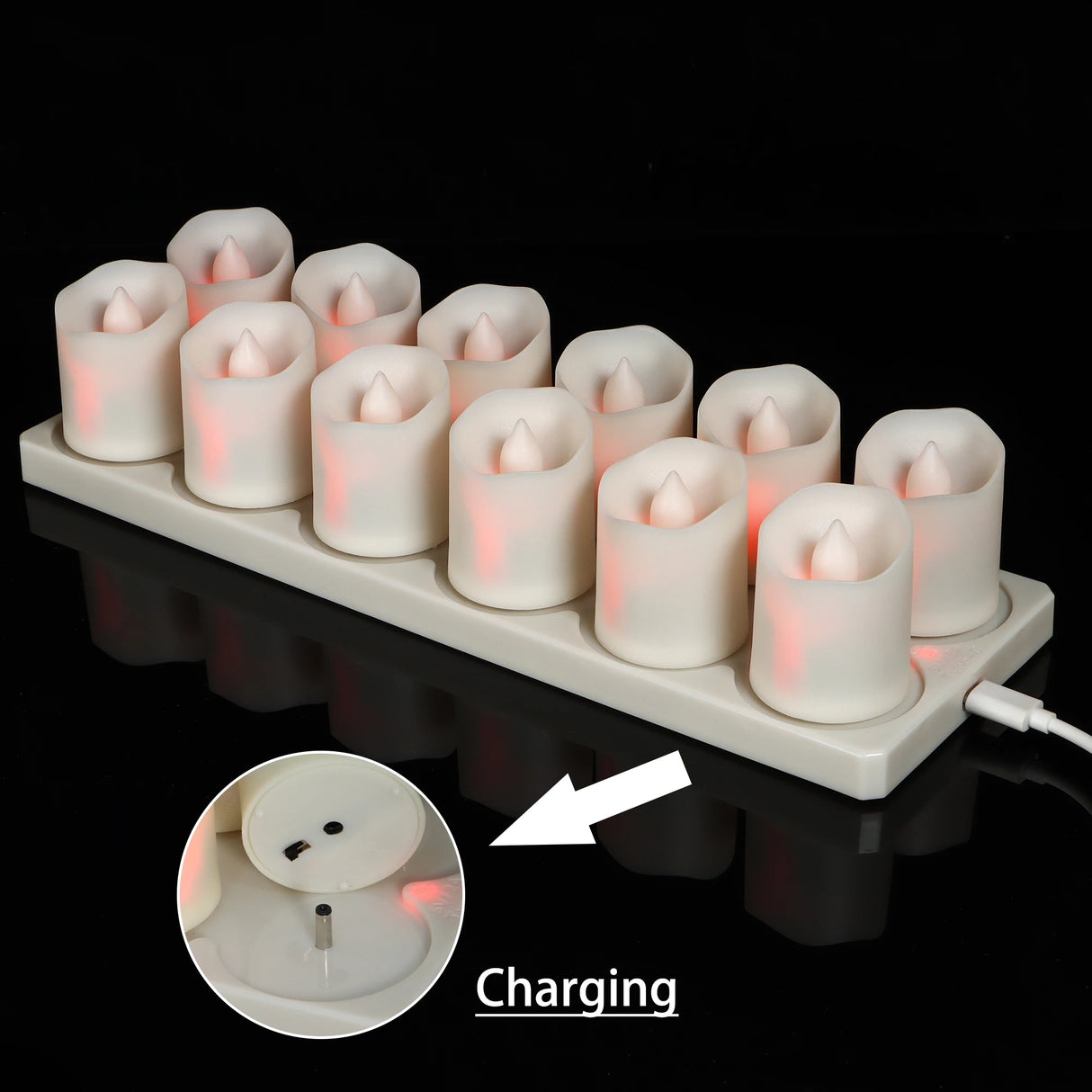 Row of LED candles on a charging station with a close-up inset showing the charging process.