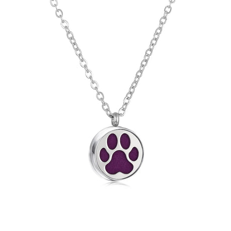 Necklace with a purple paw print pendant on a white background