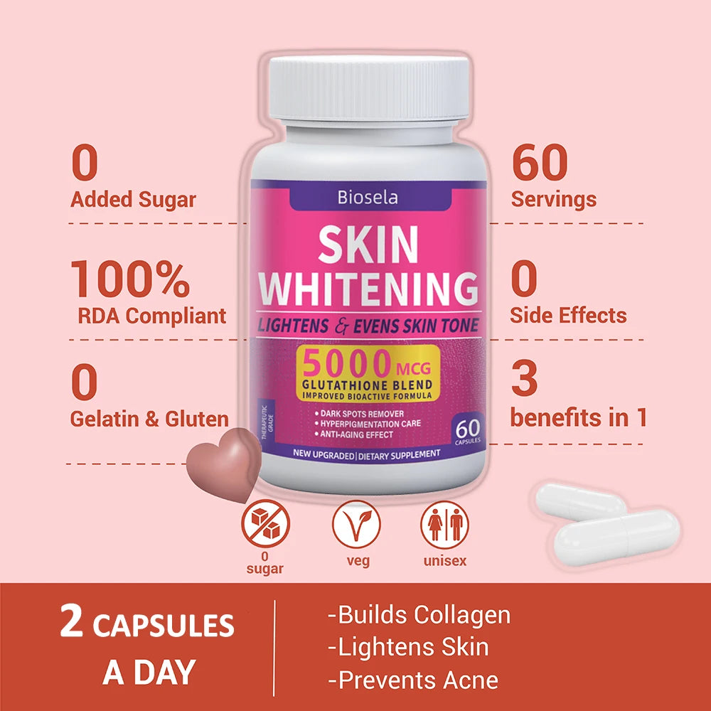 Biosela Skin Whitening supplement bottle with product details on a pink background