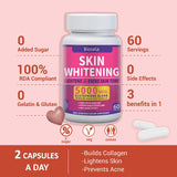 Biosela Skin Whitening supplement bottle with product details on a pink background