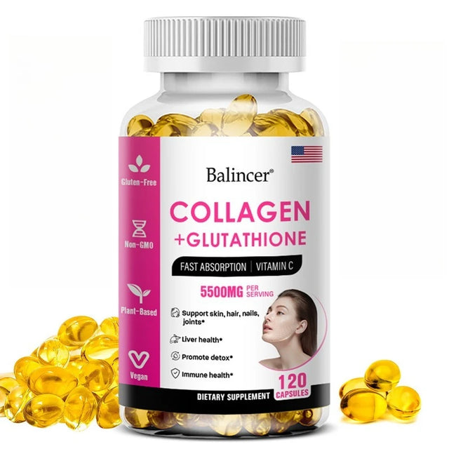 Balincer Collagen + Glutathione dietary supplement bottle with capsules on a white background