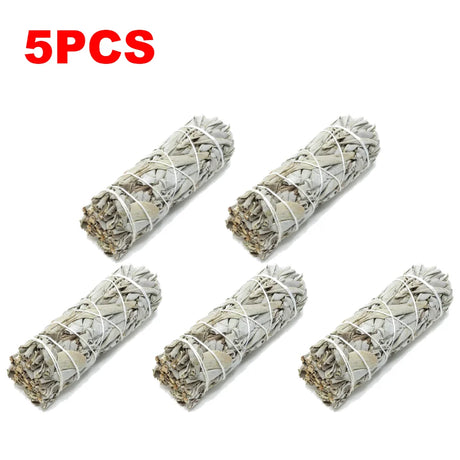 Five bundles of white sage smudge sticks on a white background with '5PCS' in red text above.