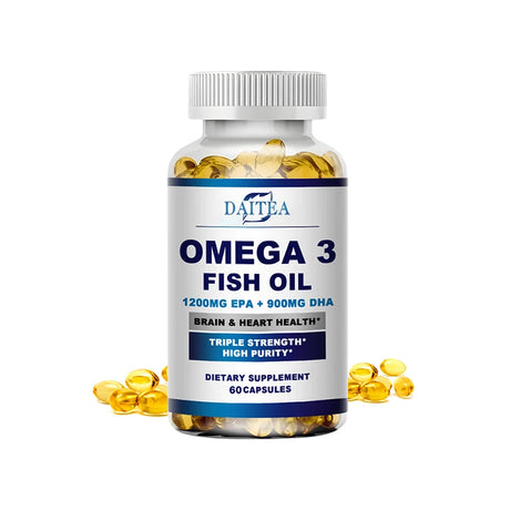 Bottle of Daitea Omega 3 Fish Oil with capsules on a white background