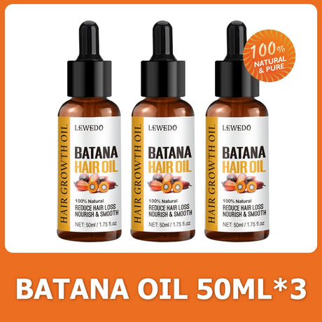 Three bottles of LEWEDO Batana Hair Oil on an orange background