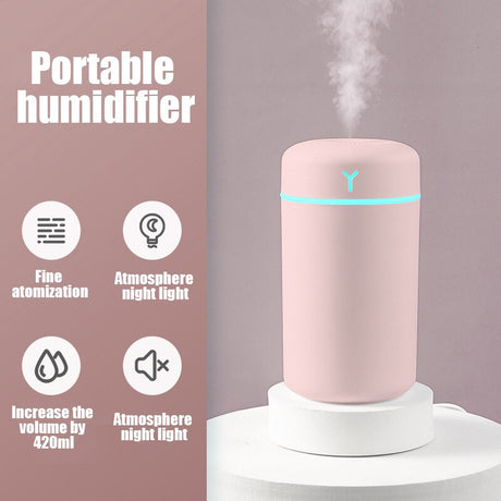 Portable humidifier with features listed on a pink background