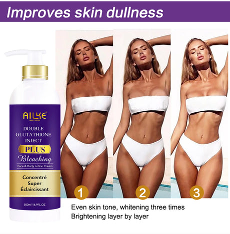 Product advertisement for AILYE Double Glutathione Inject Plus Bleaching Concentrate with images of a woman in white bikini.