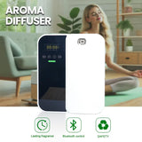 Aroma diffuser with features displayed, woman in background