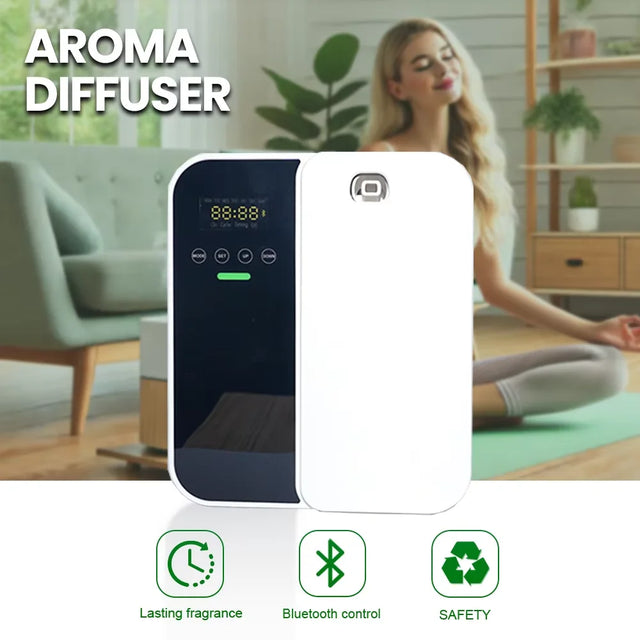 Aroma diffuser with features displayed, woman in background
