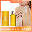 Eelhoe precious bathing oil with a person using it on their skin, featuring the brand logo.