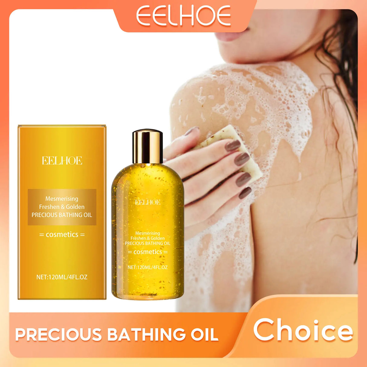 Eelhoe precious bathing oil with a person using it on their skin, featuring the brand logo.