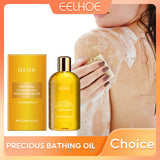 Eelhoe precious bathing oil with a person using it on their skin, featuring the brand logo.