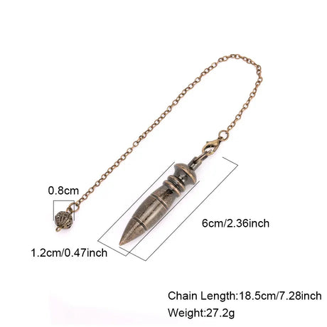 Bronze-colored pendant with chain, showing measurements on a white background