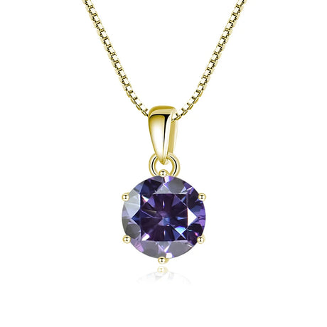 Gold pendant with a purple gemstone on a white background