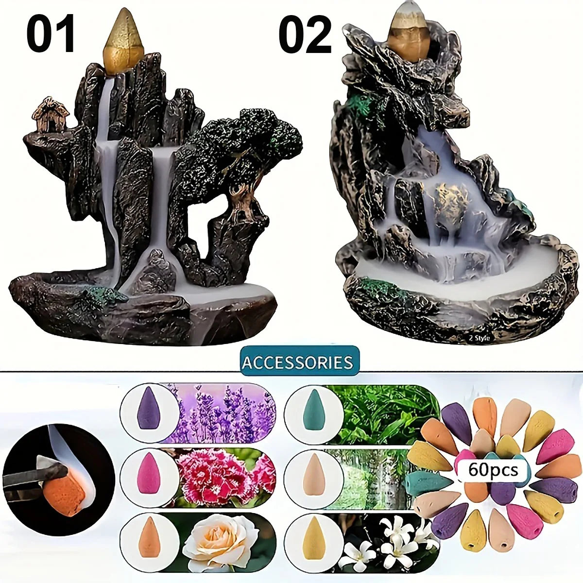 Decorative water fountain accessory with two different designs on a white background, accompanied by color swatches and fragrance options.