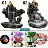 Decorative water fountain accessory with two different designs on a white background, accompanied by color swatches and fragrance options.