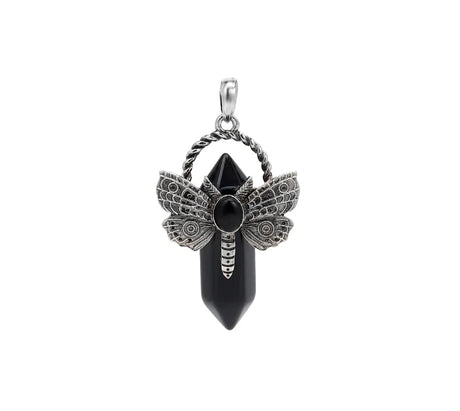 Black stone pendant with butterfly design on a white background