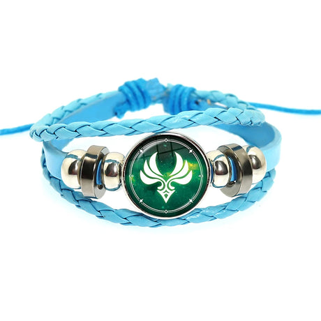 Blue braided bracelet with a green emblem and silver accents on a white background