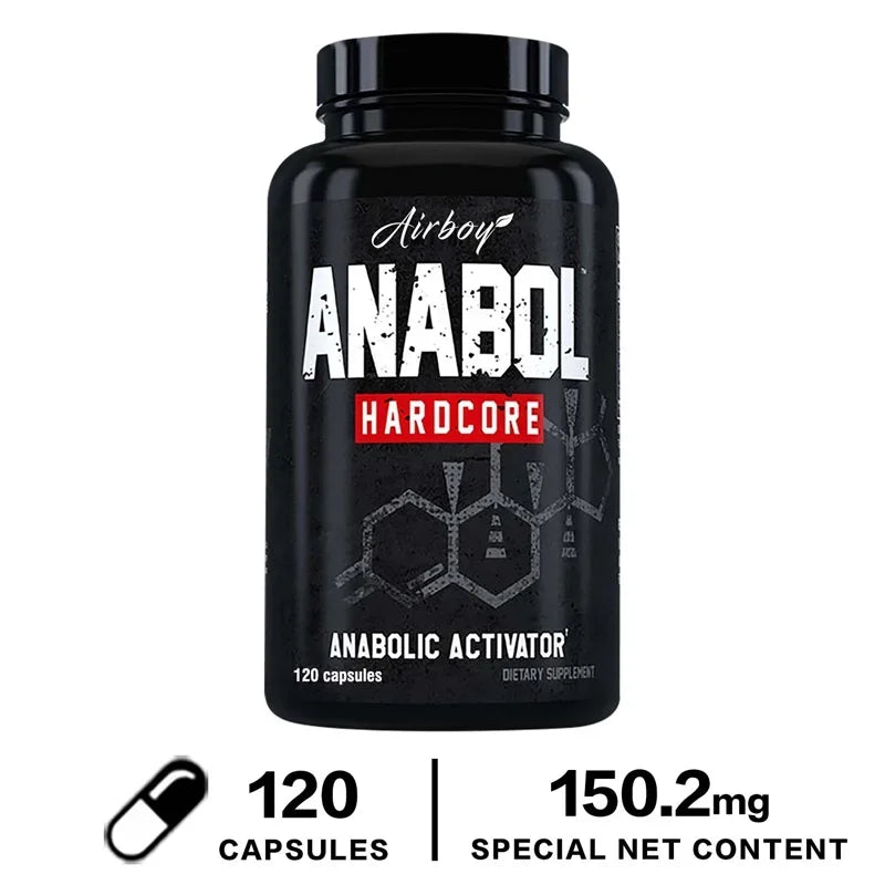 Black supplement bottle labeled 'Anabol Hardcore' by Airboy on a white background