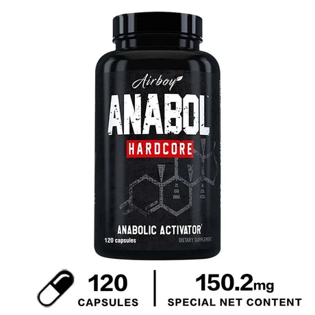 Black supplement bottle labeled 'Anabol Hardcore' by Airboy on a white background