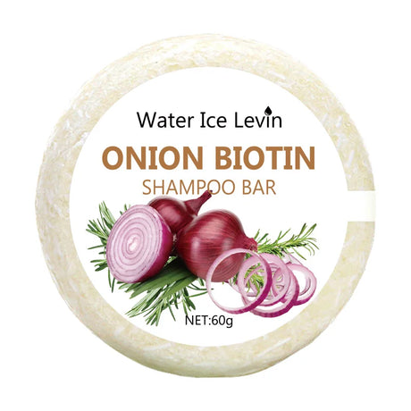 Shampoo bar with onion biotin label and ingredients on a white background