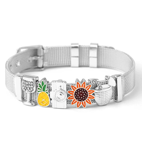 Silver mesh bracelet with colorful charms on a white background