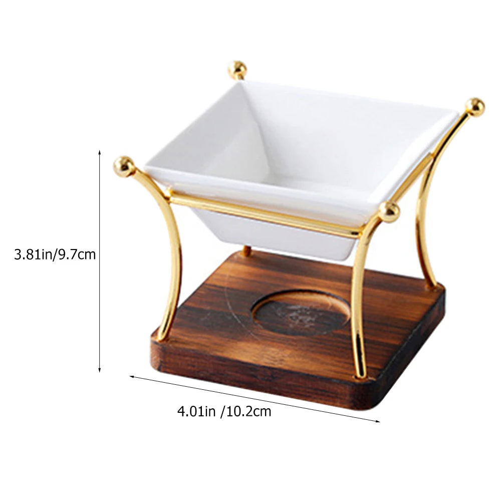 White square bowl on a gold and wooden stand with dimensions displayed