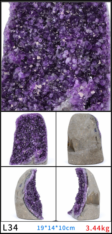 Amethyst crystal cluster with four views of a similar crystal on a white background