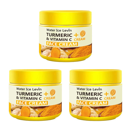 Three jars of Turmeric + Vitamin C Face Cream on a white background