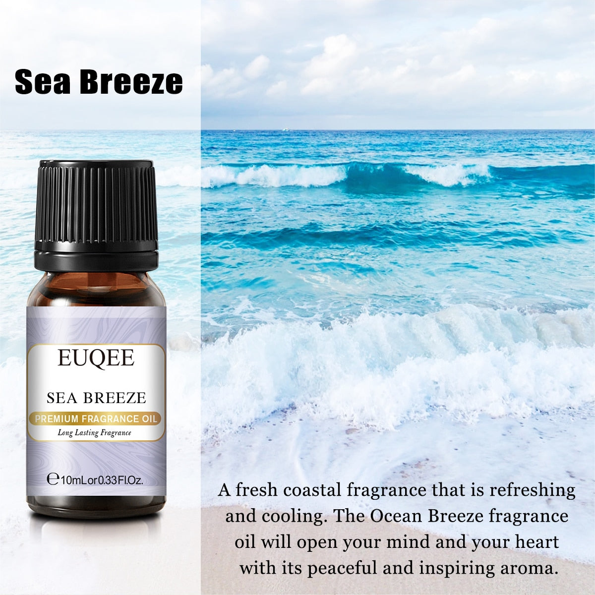 EUQEE Sea Breeze fragrance oil bottle with ocean background