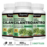Three bottles of Buporai Cilan Cilantro dietary supplements on a white background