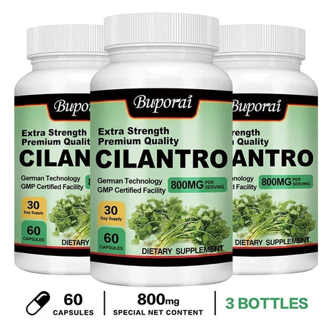 Three bottles of Buporai Cilan Cilantro dietary supplements on a white background