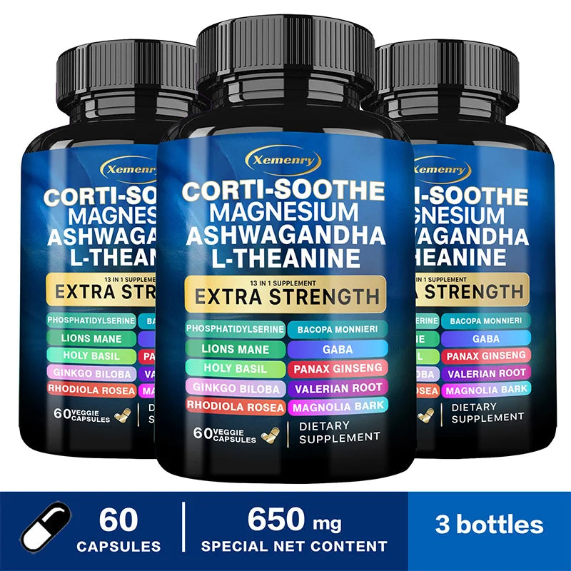 Three bottles of Xemenry Corti-Soothe Magnesium Ashwagandha L-Theanine dietary supplements on a white background.