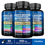 Three bottles of Xemenry Corti-Soothe Magnesium Ashwagandha L-Theanine dietary supplements on a white background.